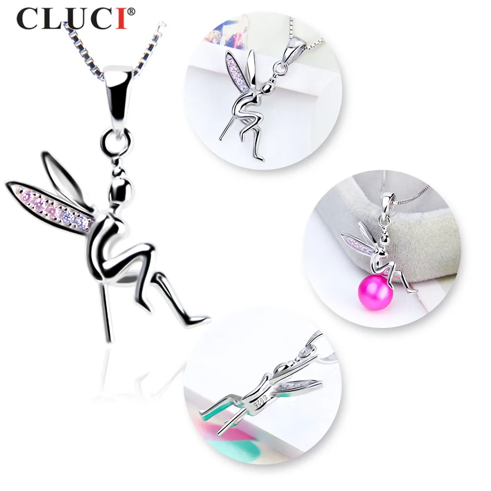 CLUCI  925 Sterling Silver Lovely Fairy Pearl Pendant Pink and White CZ For Girls Necklace Jewelry,can stick 6-7mm pearl SP304SB