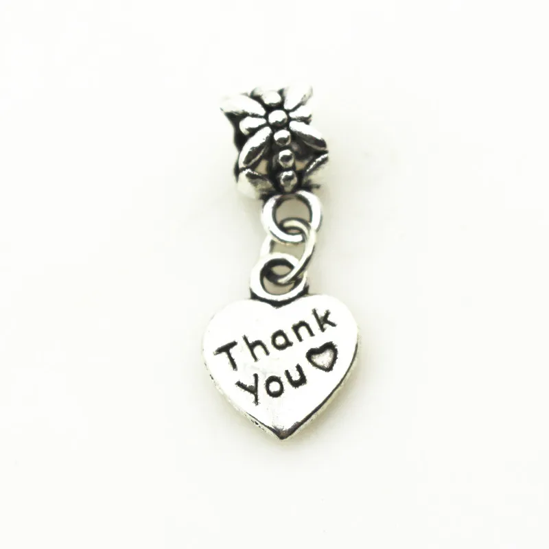 New 50pcs thank you heart Charms Big Hole European Beads dangle charms diy fashion bracelets  jewelry accessory Hanging Charm