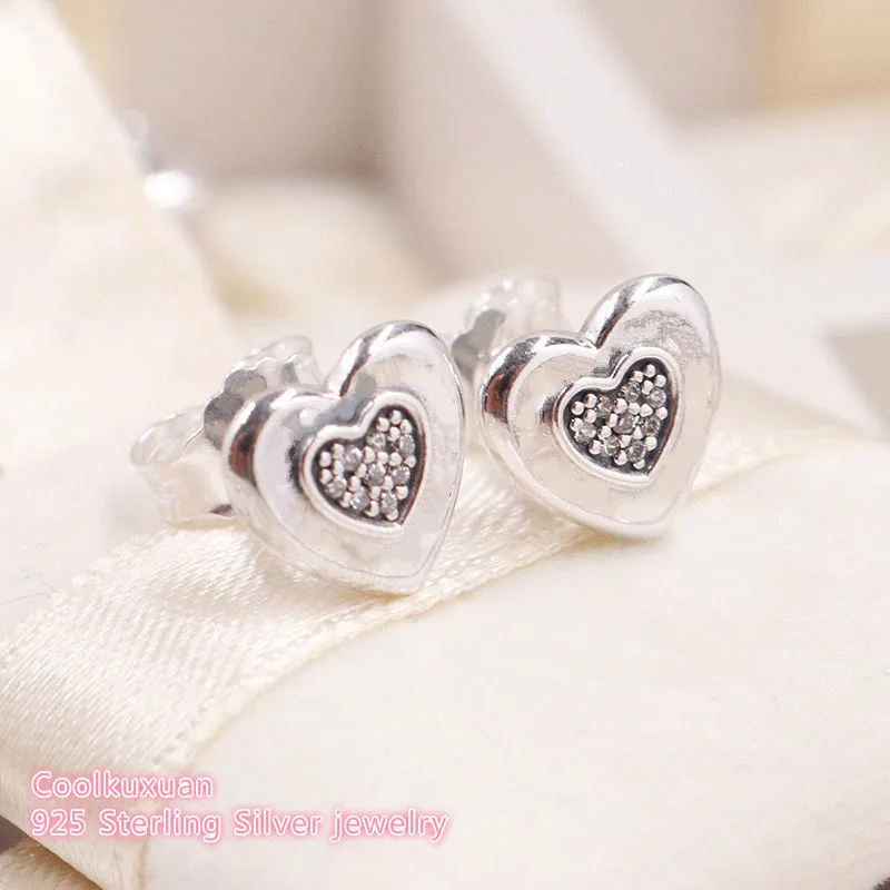 

Summer 100% 925 Sterling Silver Brand Logo Heart Stud Earrings, Clear CZ Earrings Original European Style Fine Jewelry