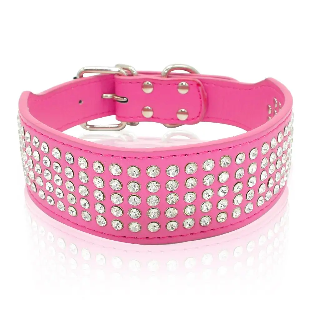 Rhinestone Leather Dog Collars Bling Diamante Crystal Studded Dogs Pet Collars 2inch Wide for Medium & Large Dogs Pitbull Boxer