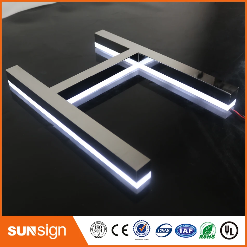 Professionalกระจกโลหะตัวอักษรไฟสแตนเลสสตีลbacklit 3D Letter signsสำหรับตู้ป้ายCommercialป้าย