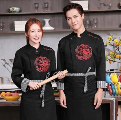 Uniforme de trabalho de manga comprida com utensílios, uniforme de trabalho de hotel com dragão bordado em estilo chinês para restaurante