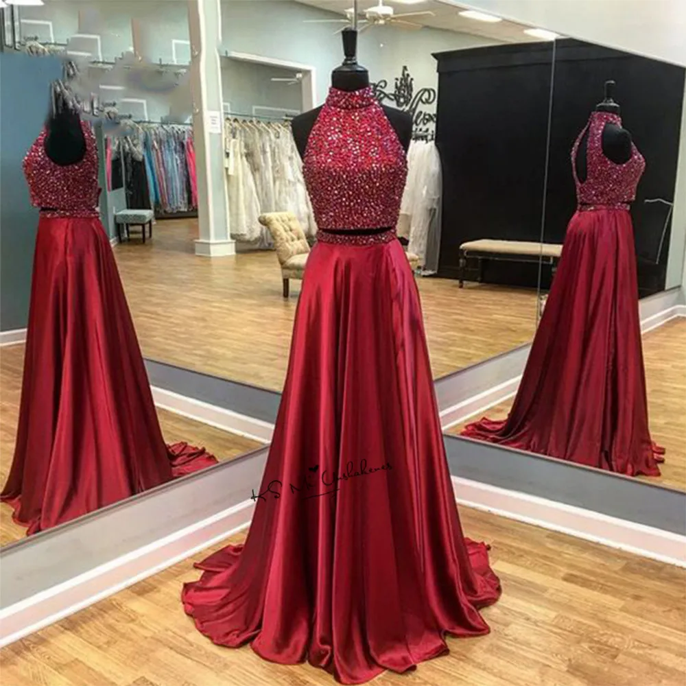 Vestidos de Fiesta de dos piezas para Navidad, Vestido de Baile de graduación, cuentas largas de Gala, vestidos de noche con espalda abierta, 2018