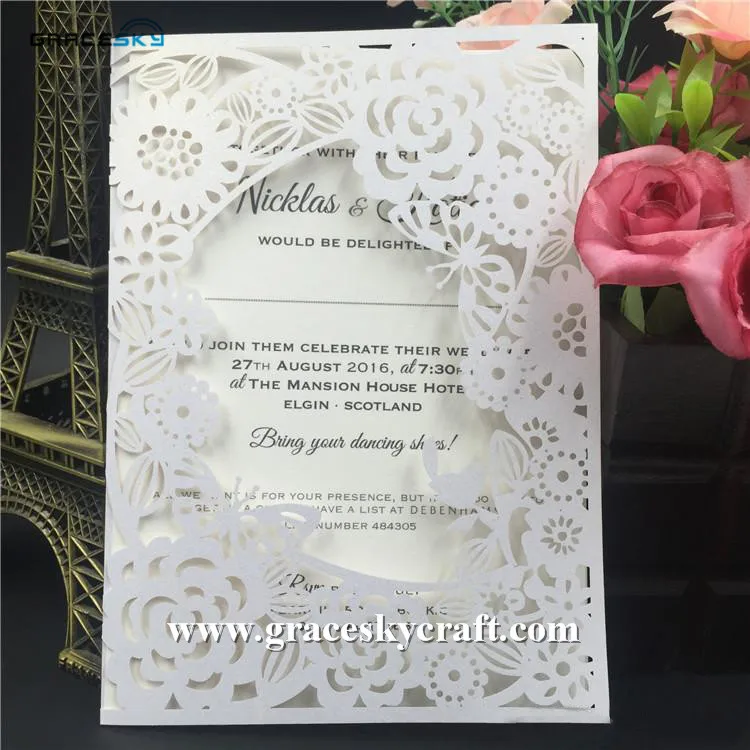 

50pcs free shipping New flowers butterfly graden design paper Laser cut wedding invitations cards for party home supplies