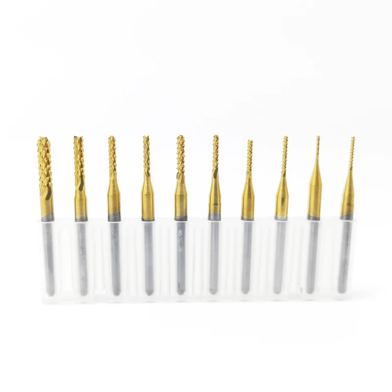Fraise en bout de maïs, revêtement en étain de 3.175mm, PCB bits de fraisage pour PVC PCB CNC routeur bits 0.8mm à 3.0mm 10 pièces/lot