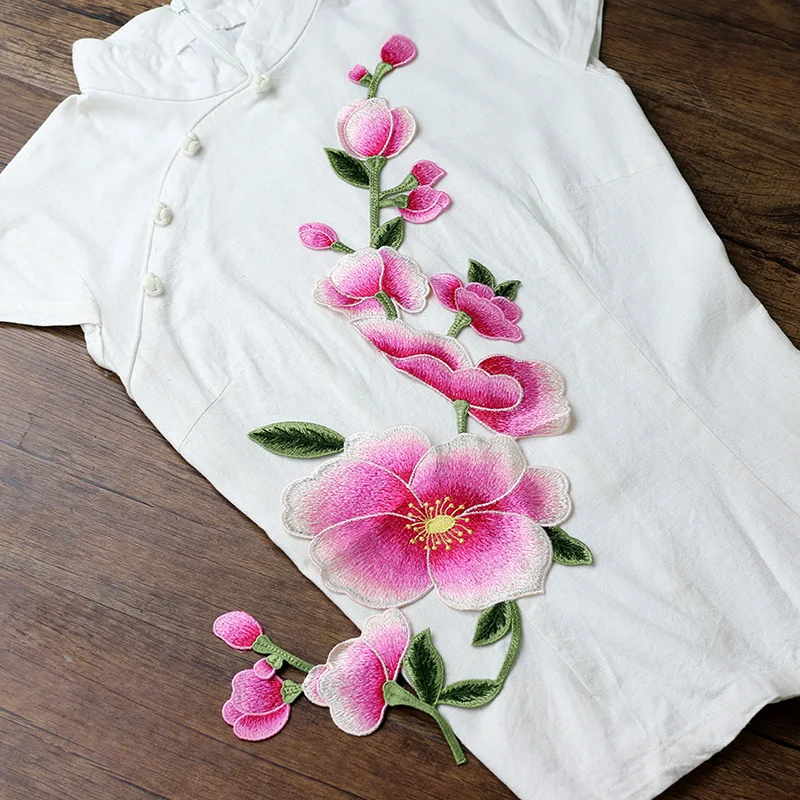 High quality large pink flower patch embroidery cloth sticker applique DIY  no glue hand-sewn type applique for dress