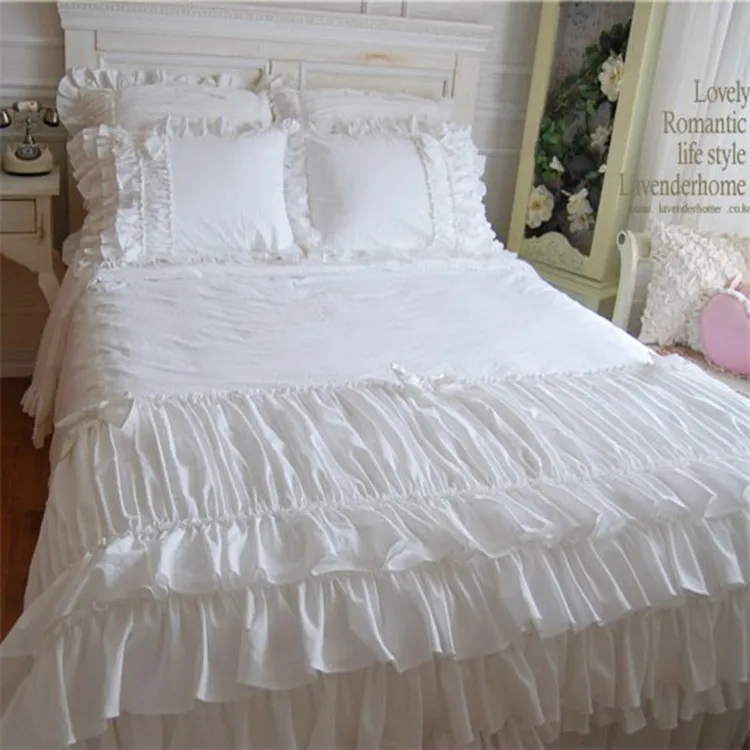 

Beautiful wedding cake layers bedding set twin full queen king size Korean white ruffle falbala lace bow bed skirt free shipping