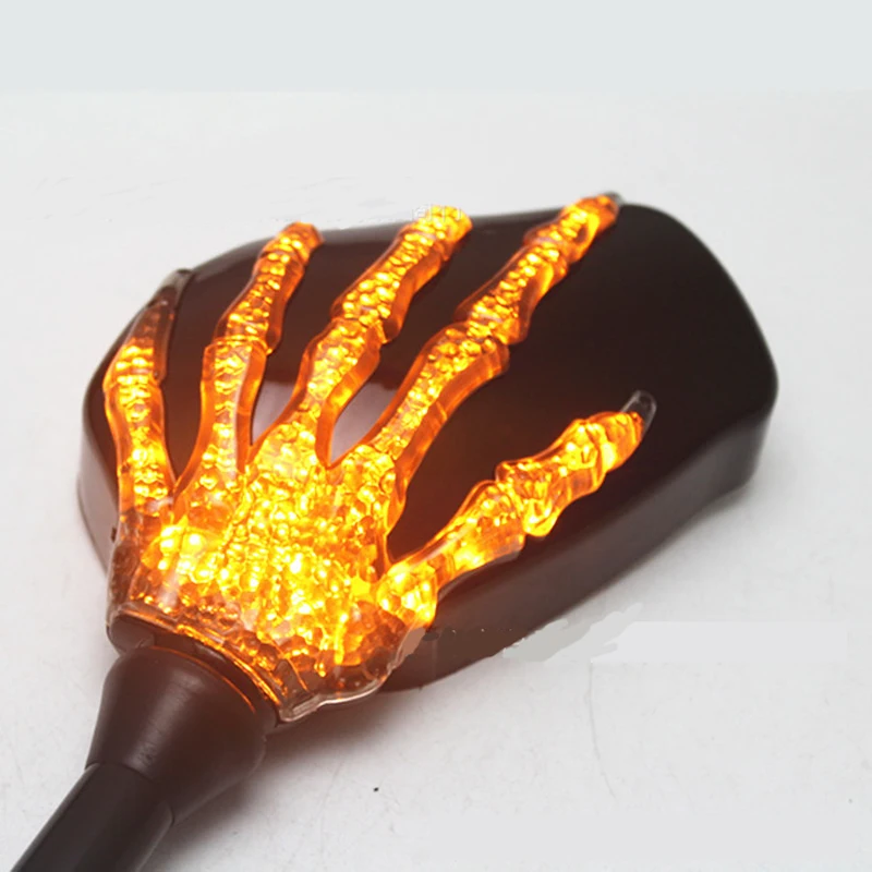 1 Pair Motorcycle Handlebar Skull Hand Pattern Ghost Claw Rearview Side Glass Mirror 10W/ 12V LED light Modified Accessorie