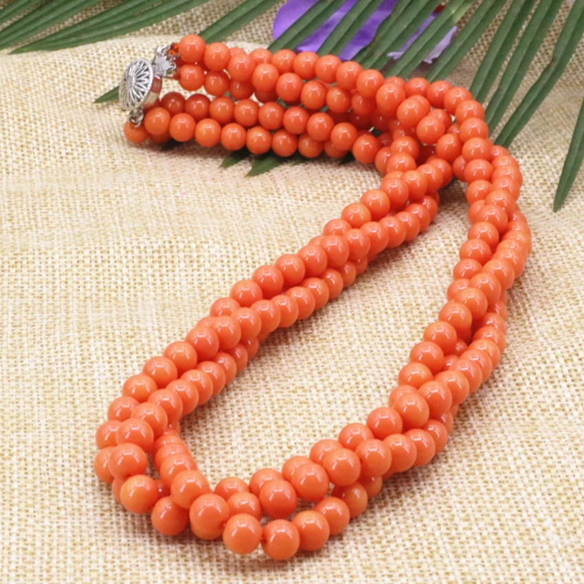 3 rows winding chain necklace for women 6mm orange artificial coral round beads high quality gifts jewelry 18inch B3184