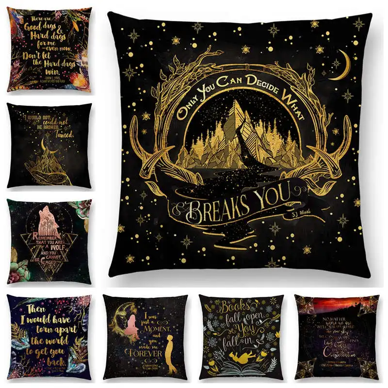 Newest Beautiful Language Black Golden Letters Cushion Cover Story Text  Sofa Throw Pillowcase