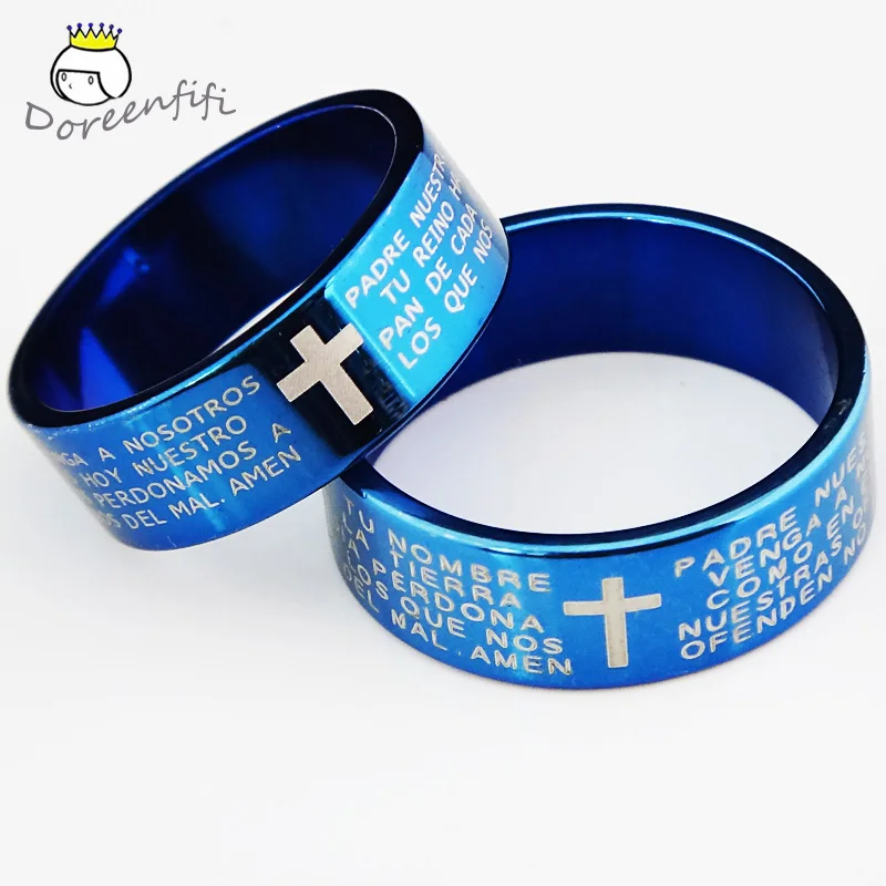 6m religioso azul 316L titanio Acero inoxidable Cruz versos hombres mujeres Anillo Jesús Deus Cristo escritura Anillo Anneau inel