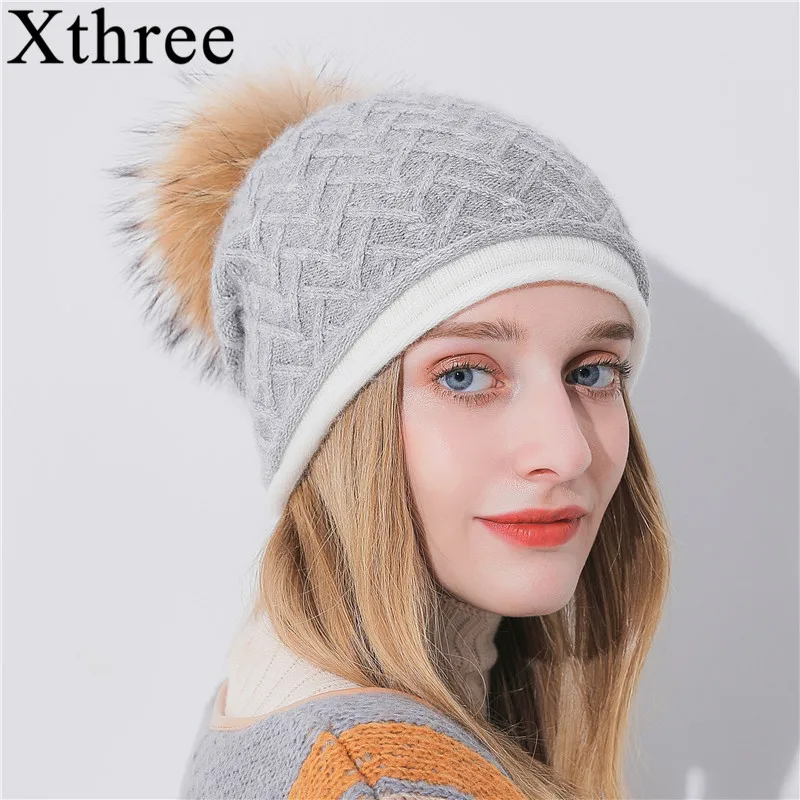 

Xthree Winter Hat For women Raccoon Pom Pom Beanies Hat For Girl Cashmere And Rabbit Fur Knitted Hat Keep Warm Gorro