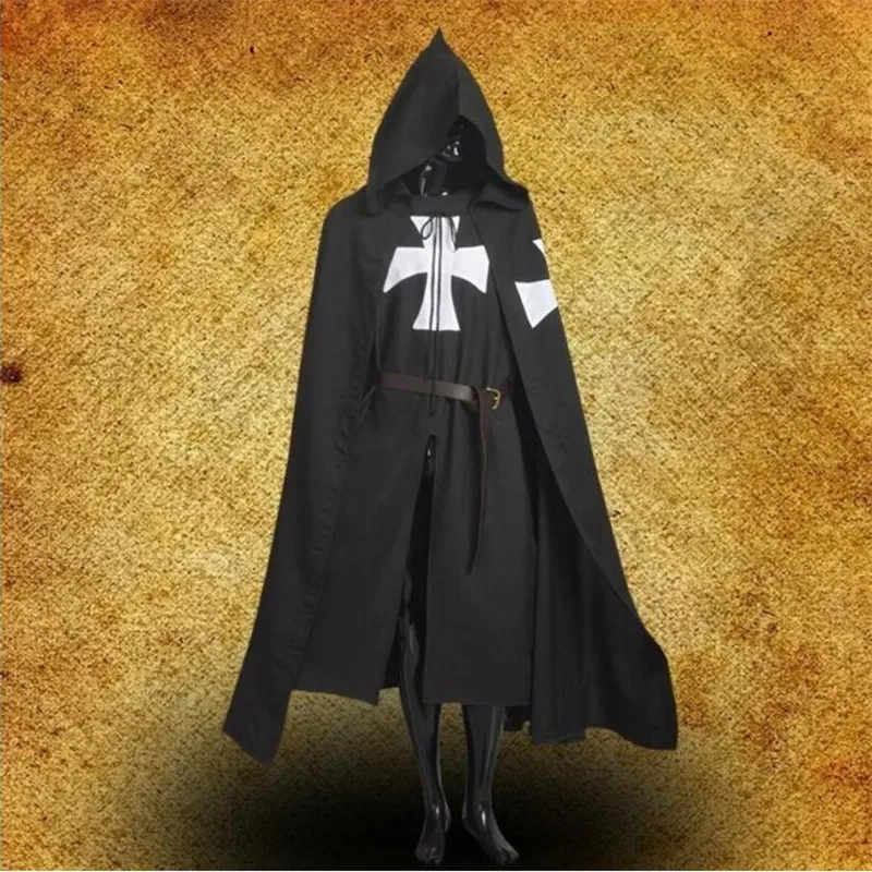 Medieval Crusaders Cosplay Cloak Knight Hooded Cloak Pope Death Knight Costume Warrior Robe Black