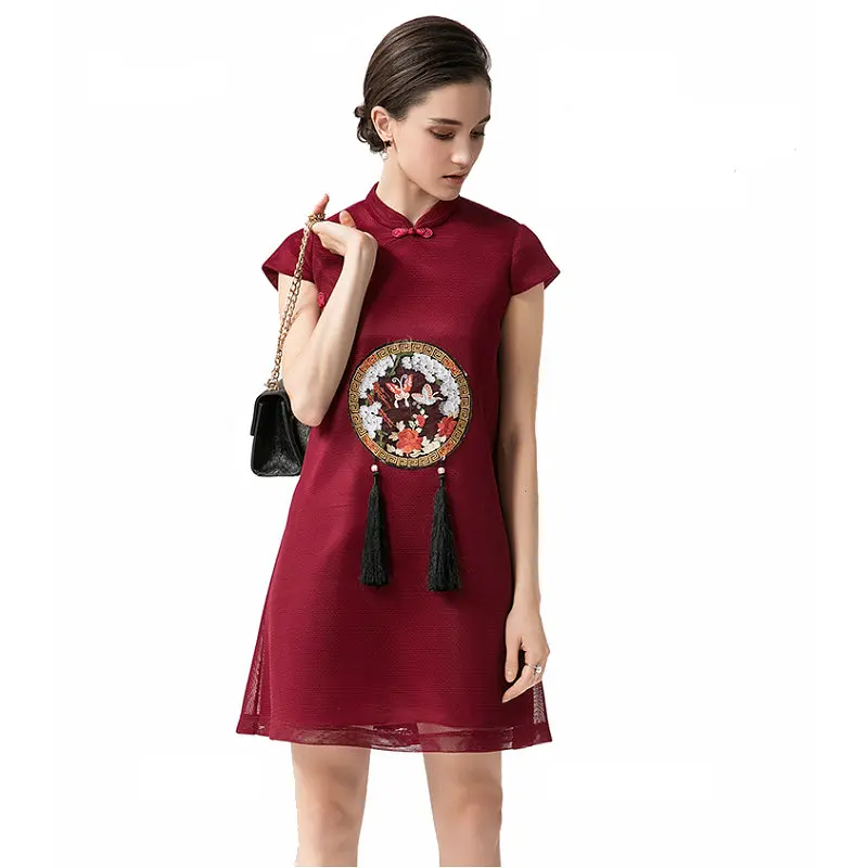 Women's loose A-Line Cheongsam 2018 New High Fashion red Rayon Cheongsam Chinese Classic Women's Qipao Elegant Mini Dress