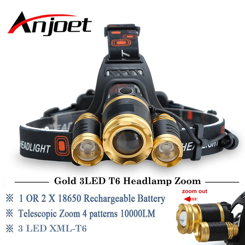 10000 lumens Rechargeable led headlamp 3led head flashlight torch xml t6 head lamp waterproof lights headlight 18650 battery