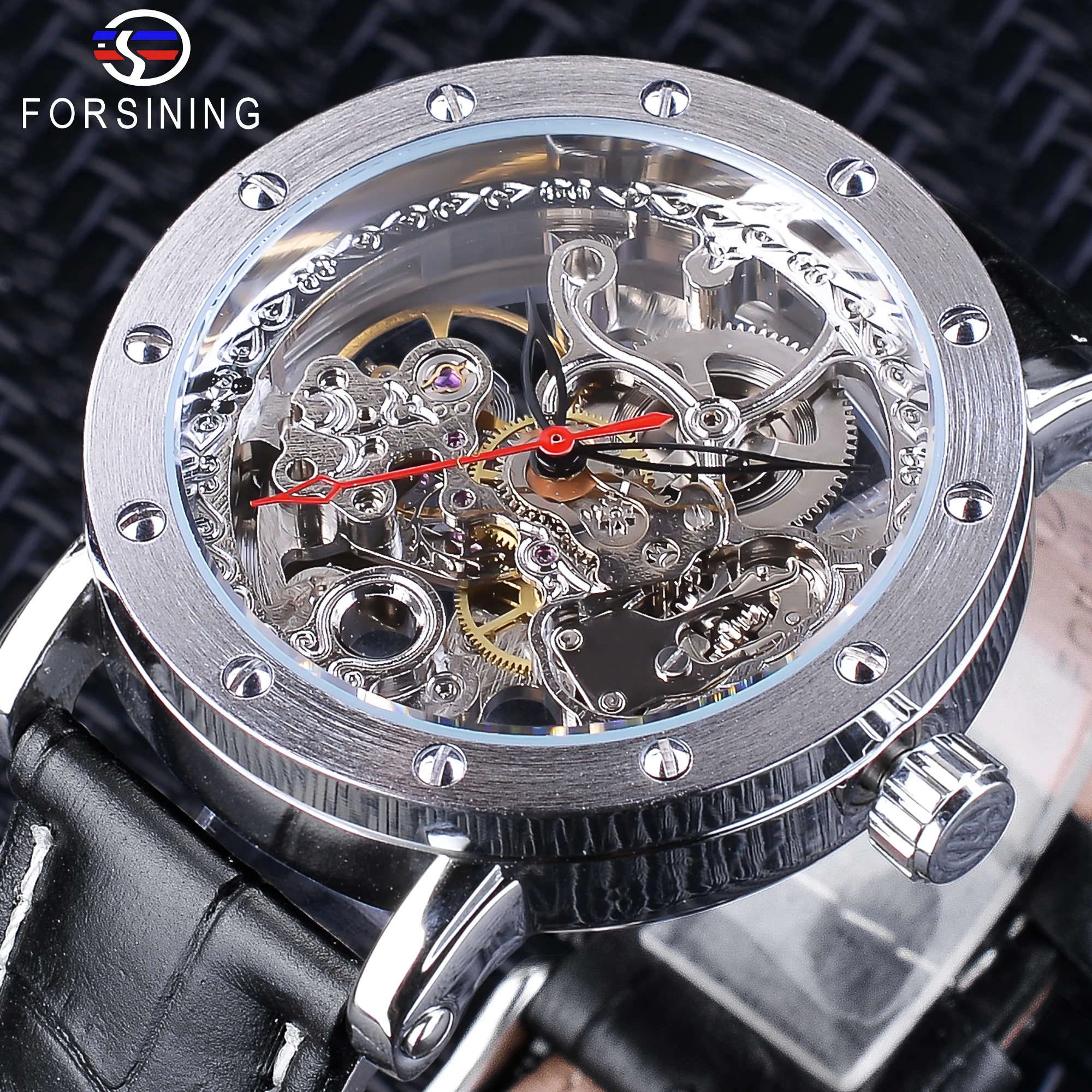 

Forsining Silver Case Open Work Clock Black Red Pointer Black Genuine Leather Belt Automatic Watches for Men Transparent Watch