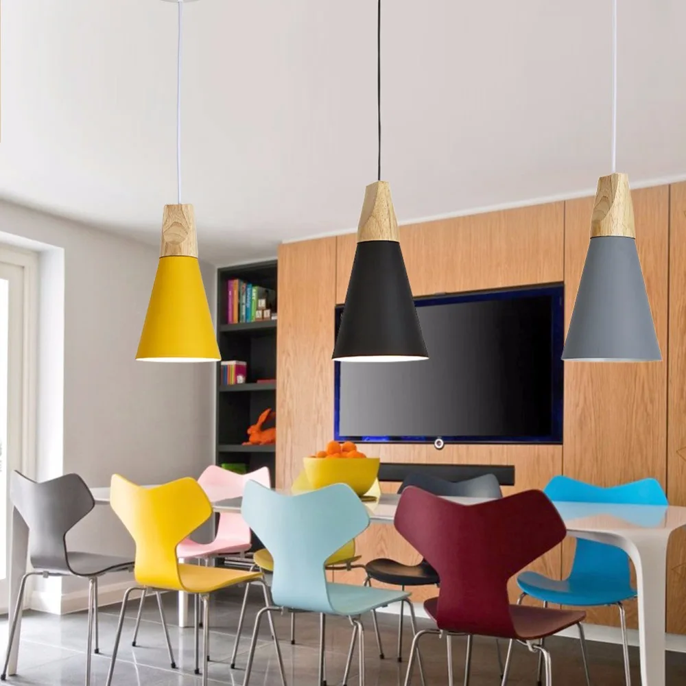 Modern Wood Pendant Lights Lamparas Colorful Aluminum Lamp Shade Luminaire Dining Room Lights Pendant Lamp For Home Lighting