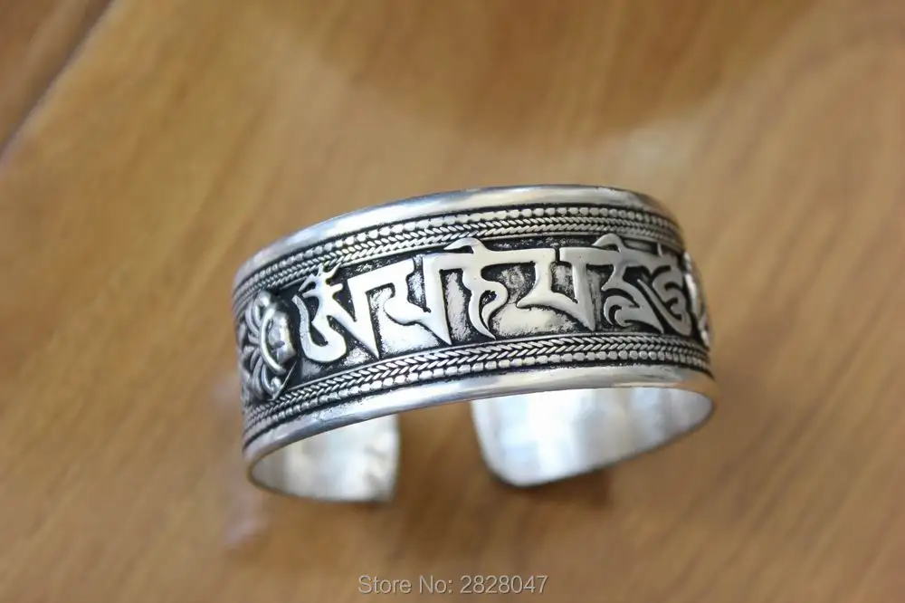 BR443 Tibetan Silver Wide Six Words Mantra Dorje Adjustable Bangle Cuff Handmade Nepal 25mm Wide Open Back Bracelet