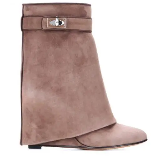 Beige Suede Shark Lock Boots Pointed Toe Height Increasing Women's Ankle Winter Runway Boots Size 10 Sexy Woman Ankle Boots