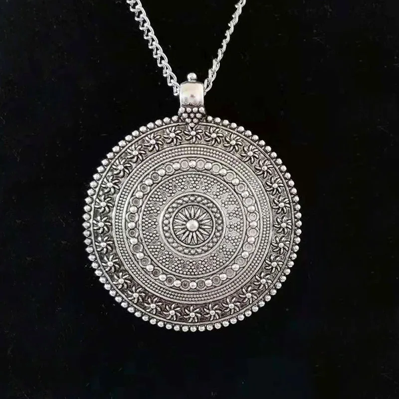 ZXZ Large Statement Abstract Metal Boho Round Flower Medallion Pendant on Long Chain Necklace Lagenlook 34\