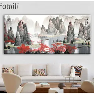 لوحات صينية قماش المناظر الطبيعية ، القيقب الأحمر والقارب ، ديكور المنزل خمر ، فن الجدار ، صور غرفة المعيشة أفضل 10 مبيعات إطارات صينية - رقم 10