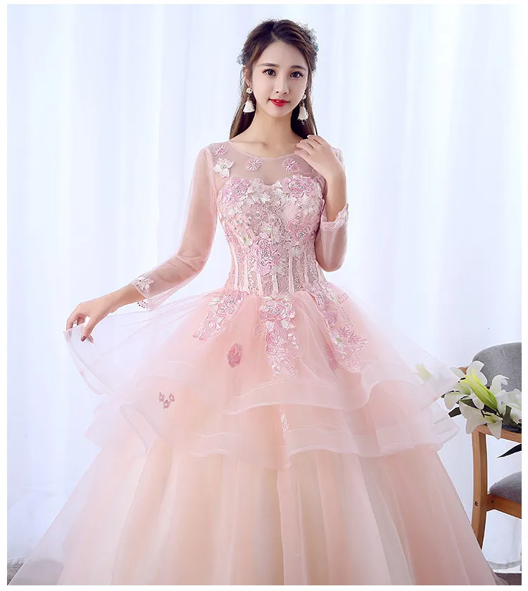 100%real light pale pink fairy long sleeve cosplay ball gown royal princess Medieval Renaissance Victorian dress Belle ball