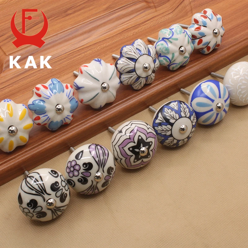 KAK 40mm Hand-painted Ceramic Drawer Knobs Porcelain Rural Cabinet Knob Cupboard Handles Mediterranean Furniture Handle Hardware