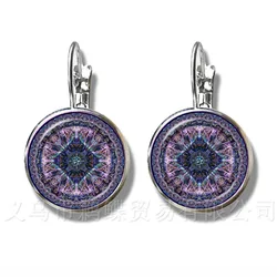 2018 Life Earrings Fashion OM Yoga Chakra Mandala Glass Jewels Sacred Geometric Purple Flower Silver Plated Stud Earrings