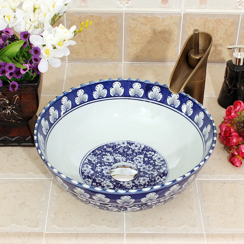 

Blue and white Jingdezhen factory directly hand ceramic counter top wash basin