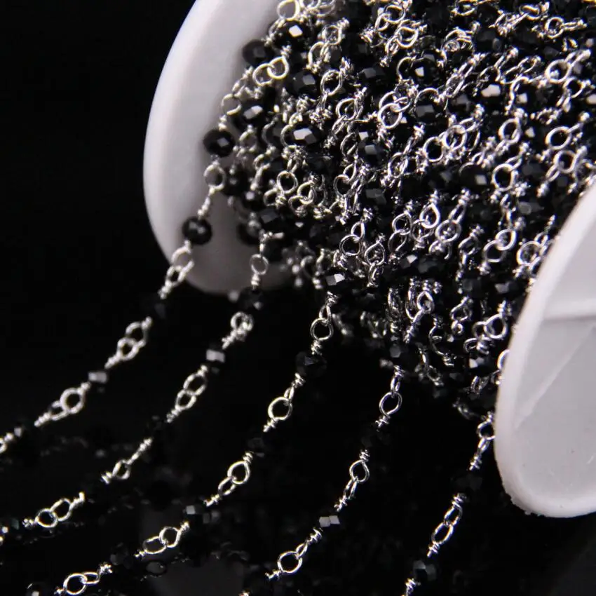 5Meters,3x4mm Black Crystal Glass Faceted Rondelle Silver Chain,Charms Rosary Chain Bracelet Earrings Necklace Jewelry Supplies