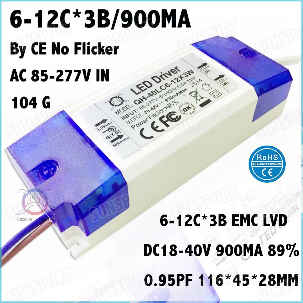 

3 Pcs By TUV-CE Box 40W AC85-277V LED Driver 6-12Cx3B 900mA DC18-40V Constant Current No Flicker For LED Spotlight Free Shipping