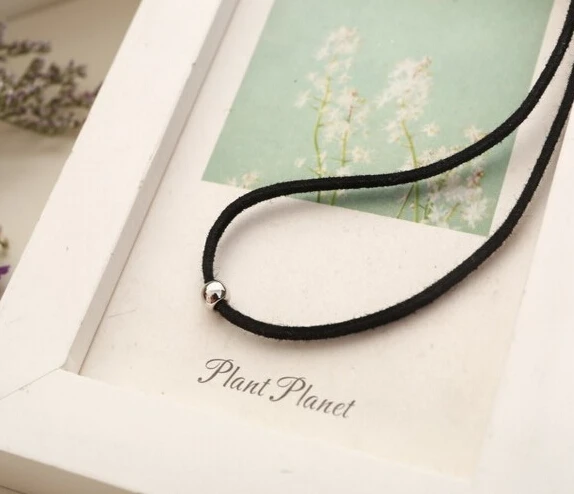 N124 Silver Beads Choker Necklace,Punk Thin Black Rope Metal Bead Short Black Necklaces