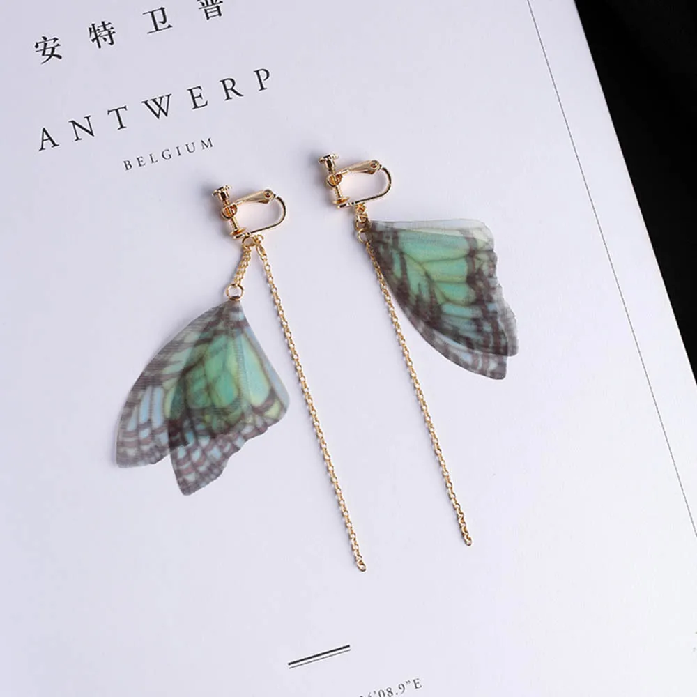 JIOFREE 2018 Trendy Temperament Yarn Butterfly Clip On Earrings Long Ear Line Pendientes Fashion Bride Wedding Earrings Jewelry