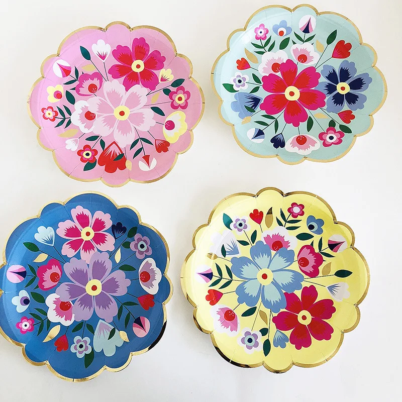 Disposable Tableware Sets Flower Paper Plates Cups Napkins Straw Party Supplies Kids Girl Baby Shower Wedding Birthday Decor