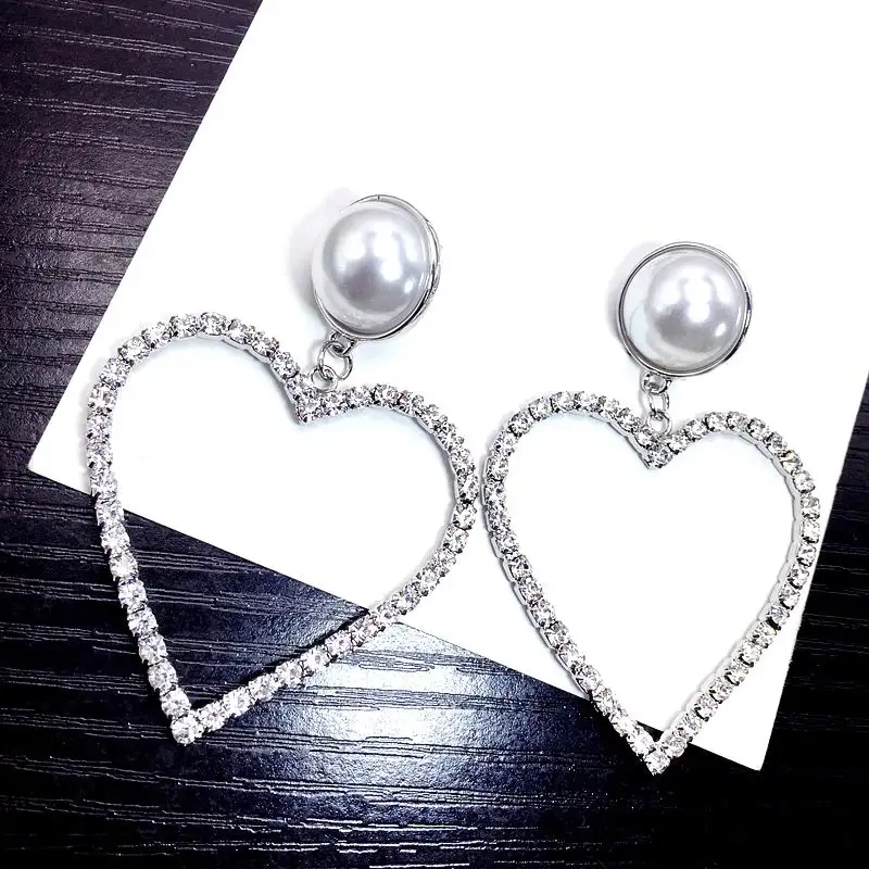 

Crystal 2019 New Big Heart Earrings For Women Faux Pearl Decorated Trendy Jewelry Party Statement Pendientes Fine Gifts