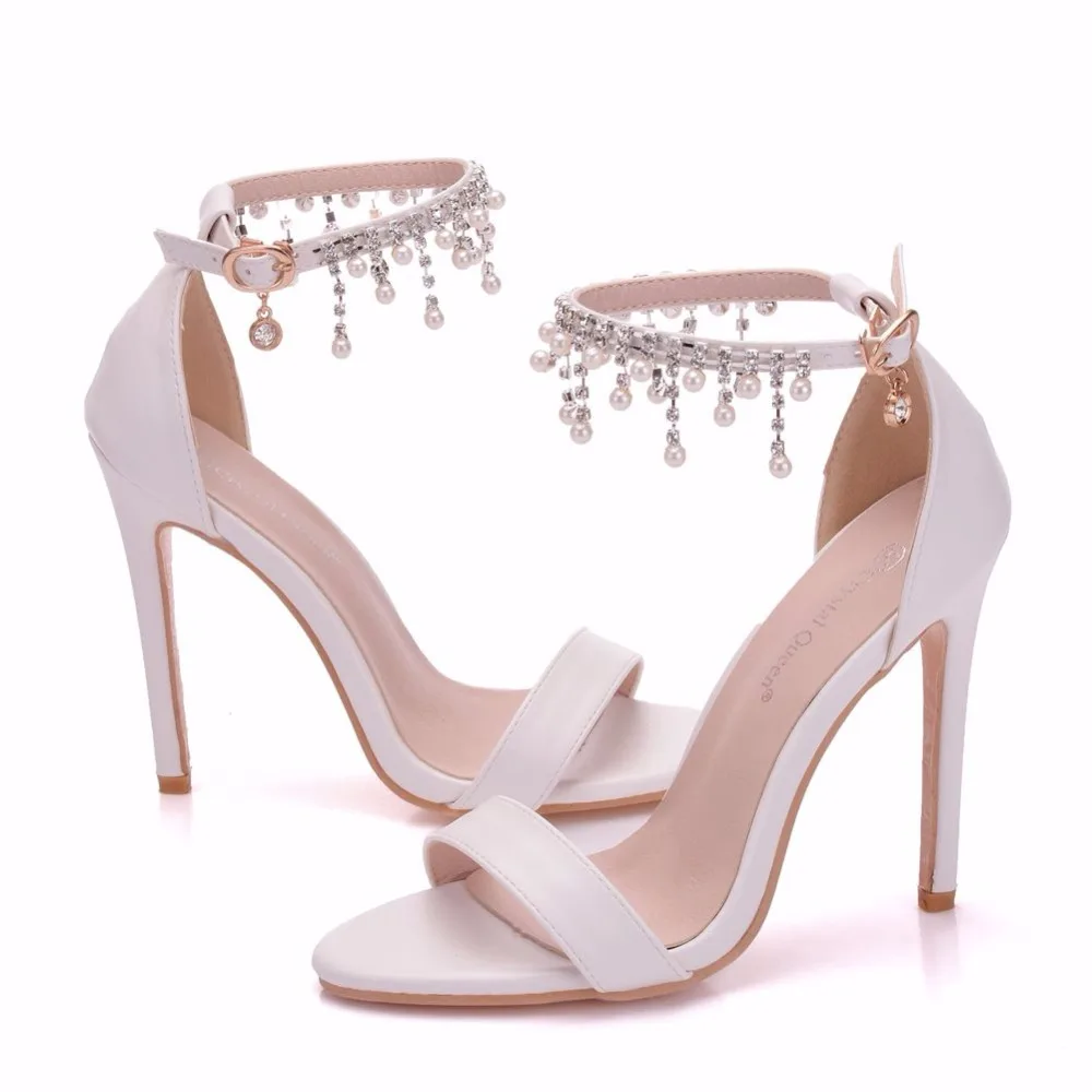 Crystal Queen Elegant Wedding Shoes For Women High Heel Sandals Pearls Tassel Chain Platform White Party