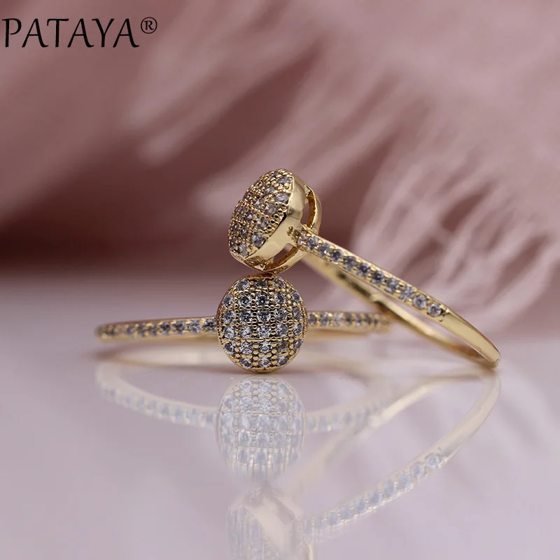 PATAYA New Women Luxury Rings White Round Natural Zircon Wedding Party Fashion Jewelry Hollow Oval Fine Ring Simple Super Gift