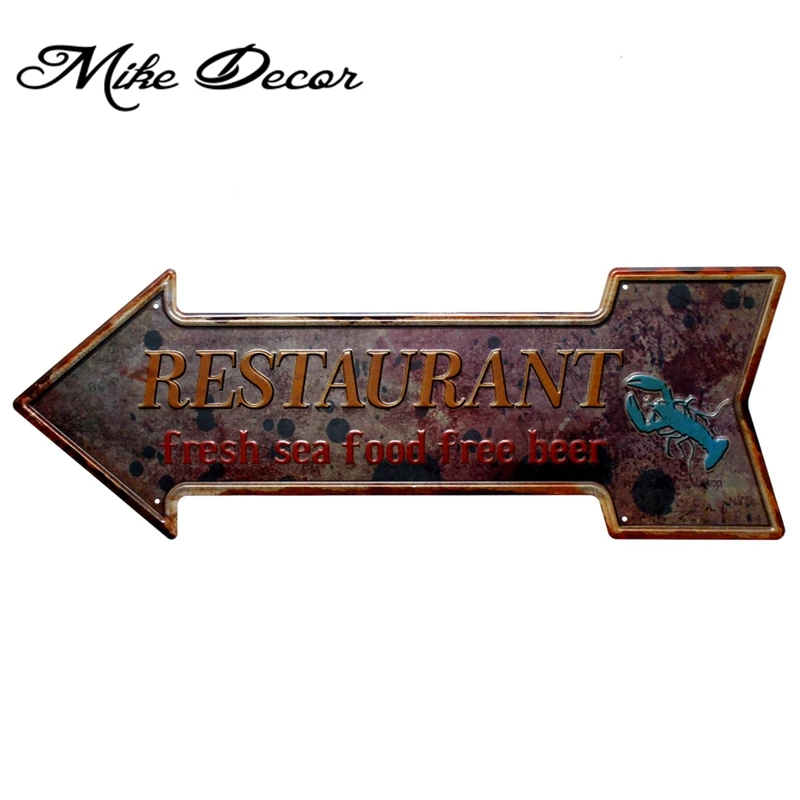 [ Mike86 ]  restaurant Fresh Seafood Free Beer Arrow Irregular Painting Retro Gift Craft Wall Sign Hotel decor YC-622