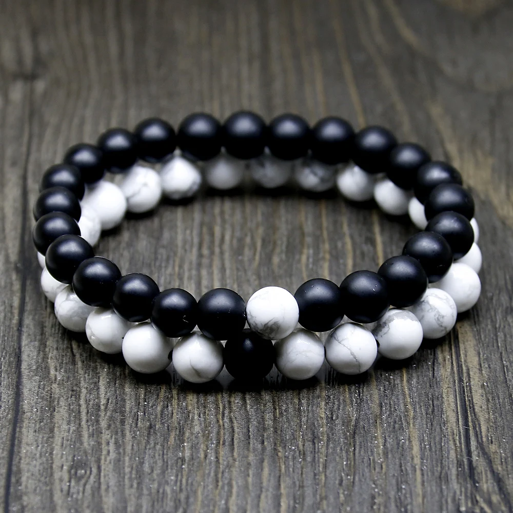 Natuurlijke Zwarte Onyx Witte Howliet Bijpassende Armbanden Voor Koppels Kralen Armband Mala Voor Mannen Vrouwen