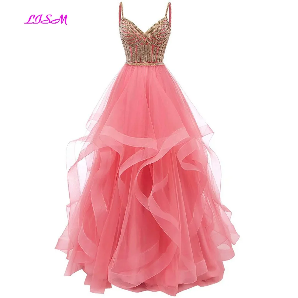 Tulle Crystal Kralen Lange Prom Dresses Tiered Avondjurk Spaghettibandjes Sweetheart Baljurk Prinses Partij Jassen