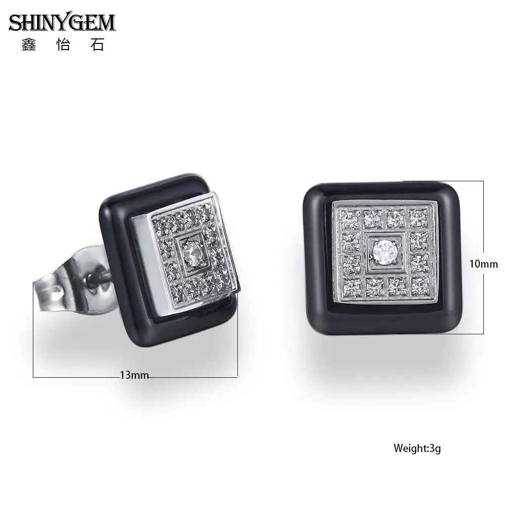 ShinyGem Black White Ceramic Stud Earrings Round/Square Stainless Steel Earrings AAA White Zircon Korean Earrings For Women 2020