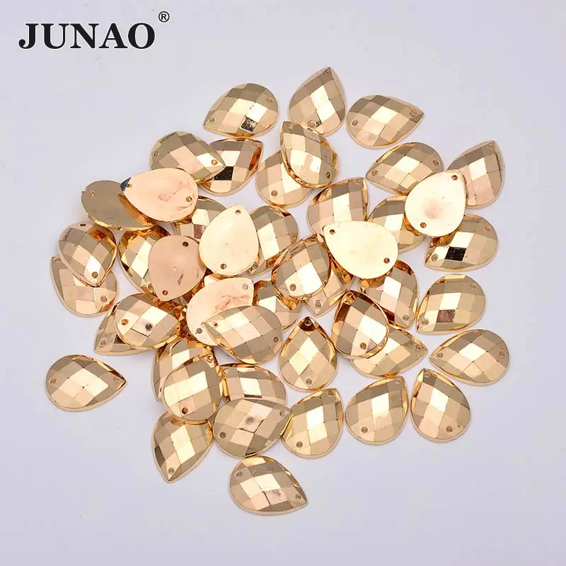 JUNAO 13*18mm 18*25mm Sewing Gold Drop Rhinestones Flatback Acrylic Gems Golden Crystal Stones Sew On Scrapbook Beads For DIY