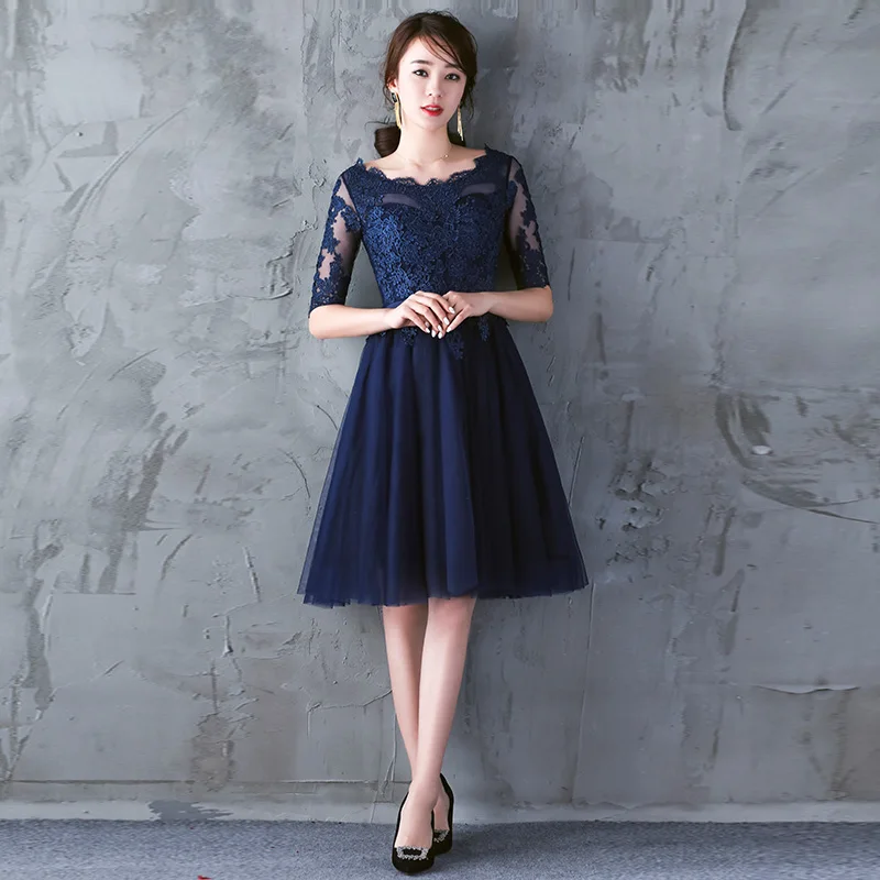 Robe de soiree Navy Blau Spitze Bankett Kleider Chinesischen Vintage abendkleider Elegante Kurze Vestidos de festa Party Prom Kleider