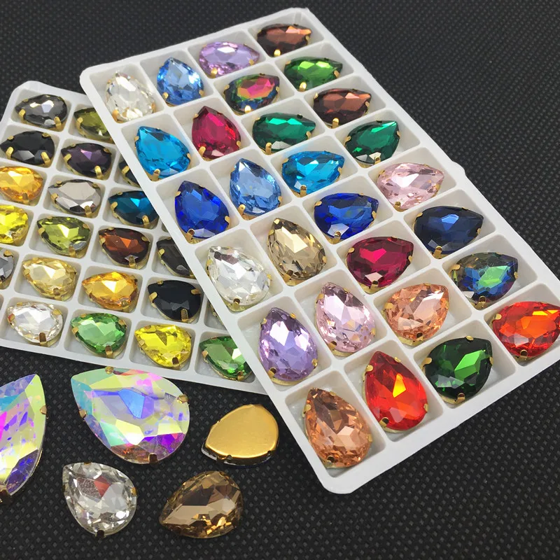 Pear 7x10,10x14,13x18,18x25,20x30 mm glass Crystal In Gold claw many colors tear drop Sew on rhinestone beads wedding dress diy
