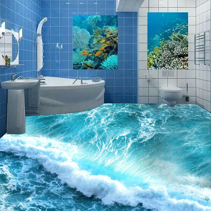 

Wallpaper Self-adhesive Custom 3D Photo Waterproof Wallpaper Beach Wave Stickers Ground 3D Floor Mural Wallpaper For Bathroom