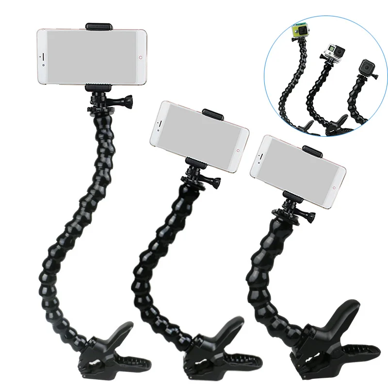 Elastyczny monopod na gęsiej szyi z zaciskiem do kamer Gopro SJcam Uchwyt do mocowania kijka do selfie do telefonów Iphone Xiaomi Huawei Samsung