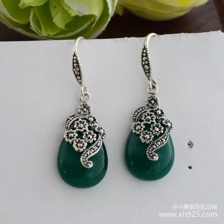 

925 Sterling Silver Jewelry Thai Restoring Ancient Ways Water Green Agate Women Earrings