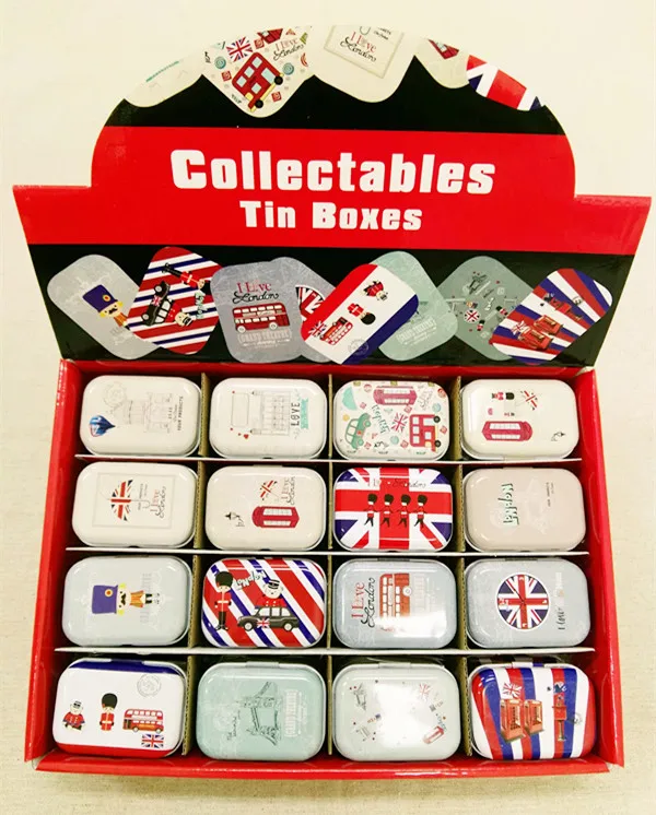 Free Shipping!32pcs/box Cartoon British print Tin Box Metal Coin Saver Jewerly Case Pill case 16 designs Chocolate Box GD16