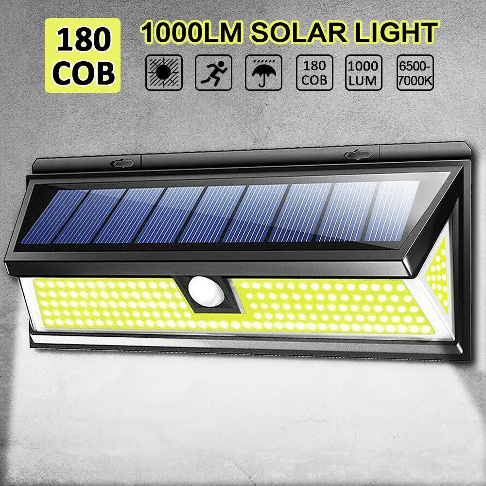 1000LM 180LED COB Solar Wall Light Outdoor Garden Security Lamp Motion Sensor Wireless Waterproof for Garage Backyard Pathways