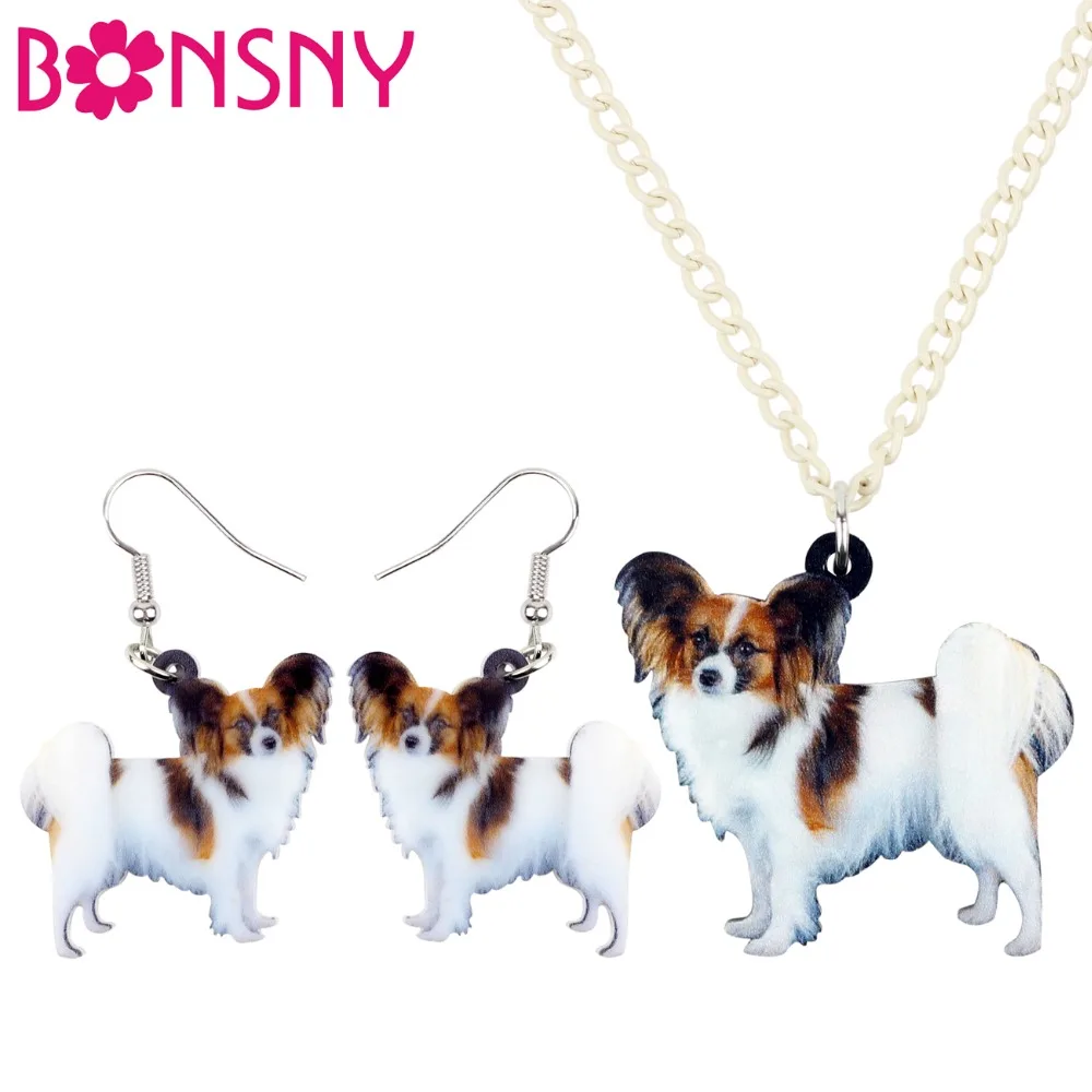 Bonsny-Conjunto de joyería de animales para mujer y niña, aretes acrílicos con diseño de Papillon para perro, Collar, amantes de las mascotas, regalo